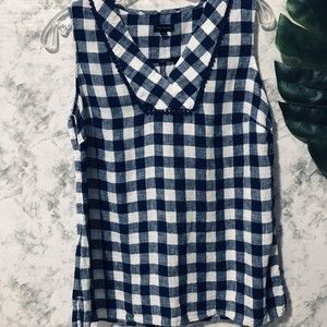 Talbots Linen Shell Plaid Blouse Womens Size XS Checker Top Blue White